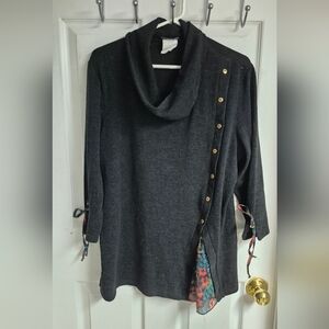 Bali Charcoal Cowl Neck Sweater with Button Trim and Floral Accent